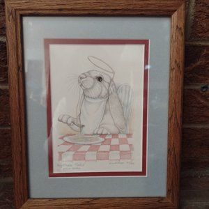 Framed Pencil Sketch of Bunny Eating Spaghetti by Sue Rupp